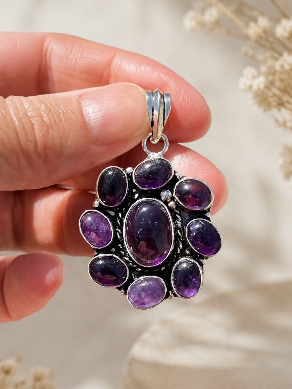Round Cluster Amethyst 925 Sterling Silver 2” Pendant